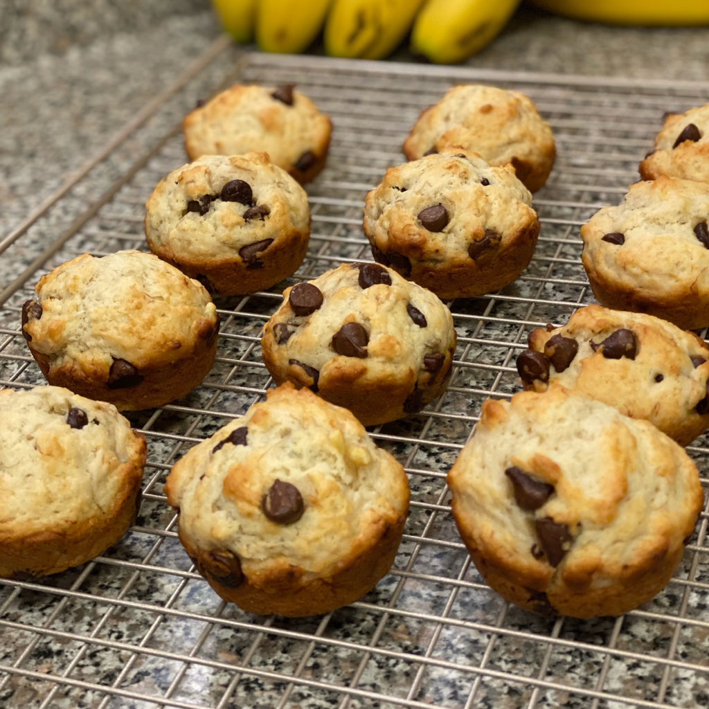 Cooling rack with a dozen Banana Chocolate Chip Muffins
