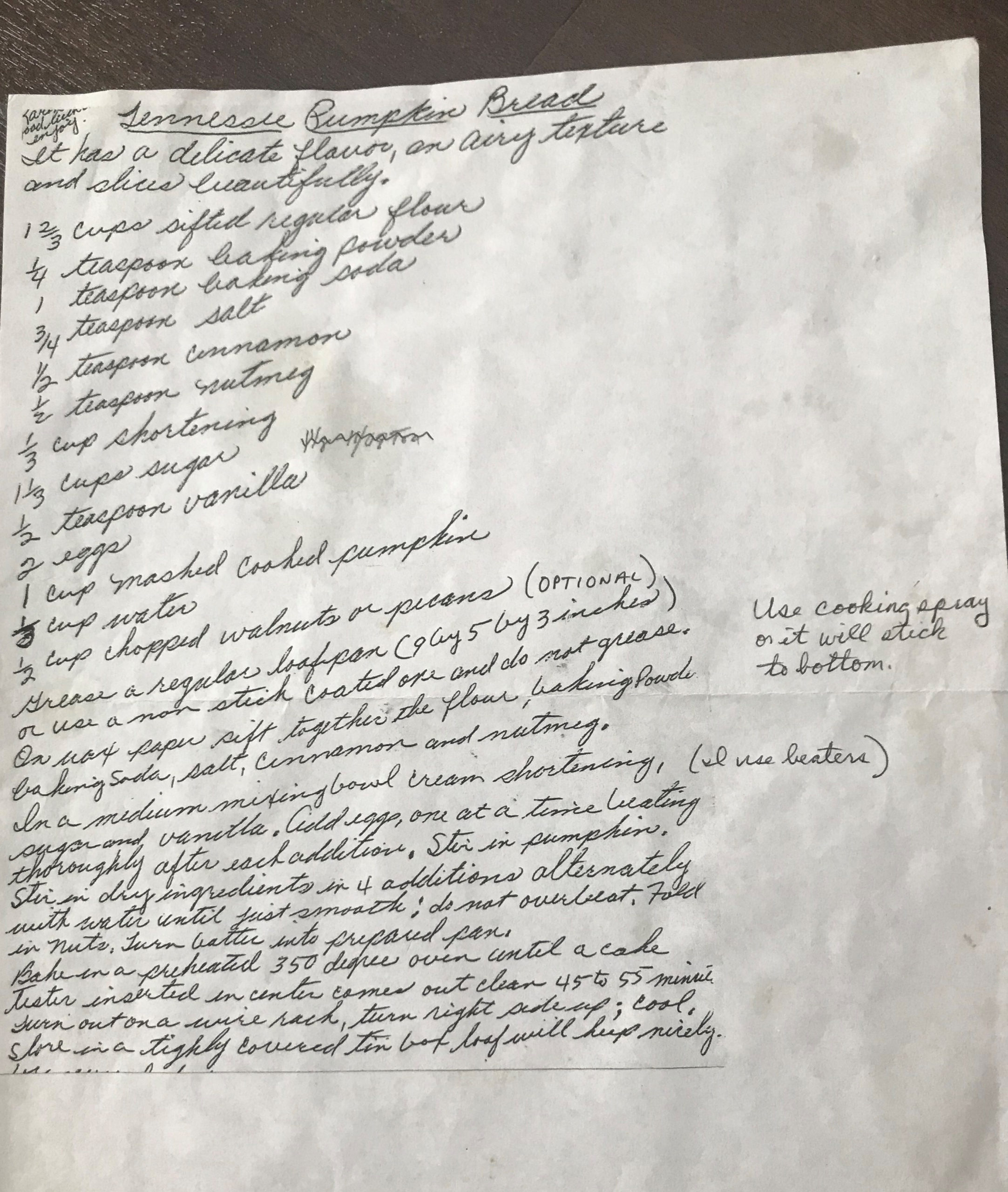 Handwritten recipe for pumpkin bread
